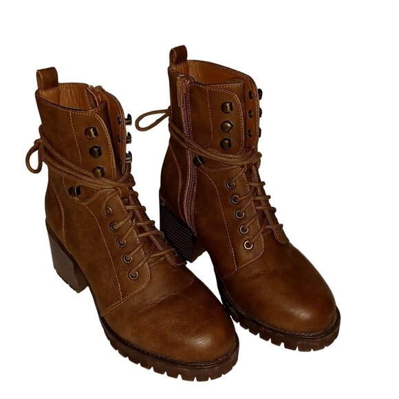 Brown Chunky Platform Lug Block Heel Lace up Zip Faux Leather Ankle Boots Wms 7 - Picture 2 of 14